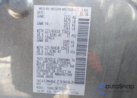 2017 Nissan Rogue Sl z USA, uszkodzony, nr VIN 5N1AT2MV8HC739667